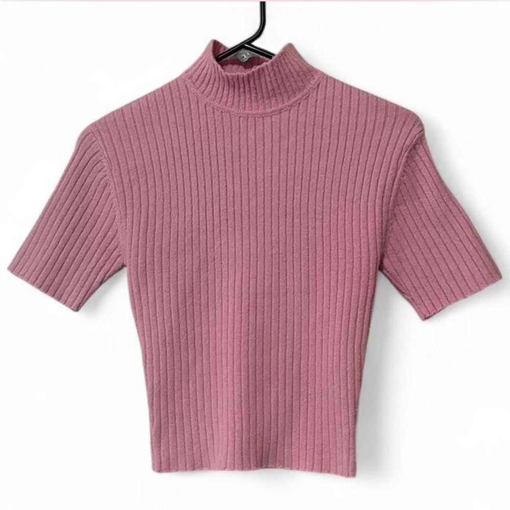 STAUD Ribbed Mock Neck Keyhole Sweater in Pink